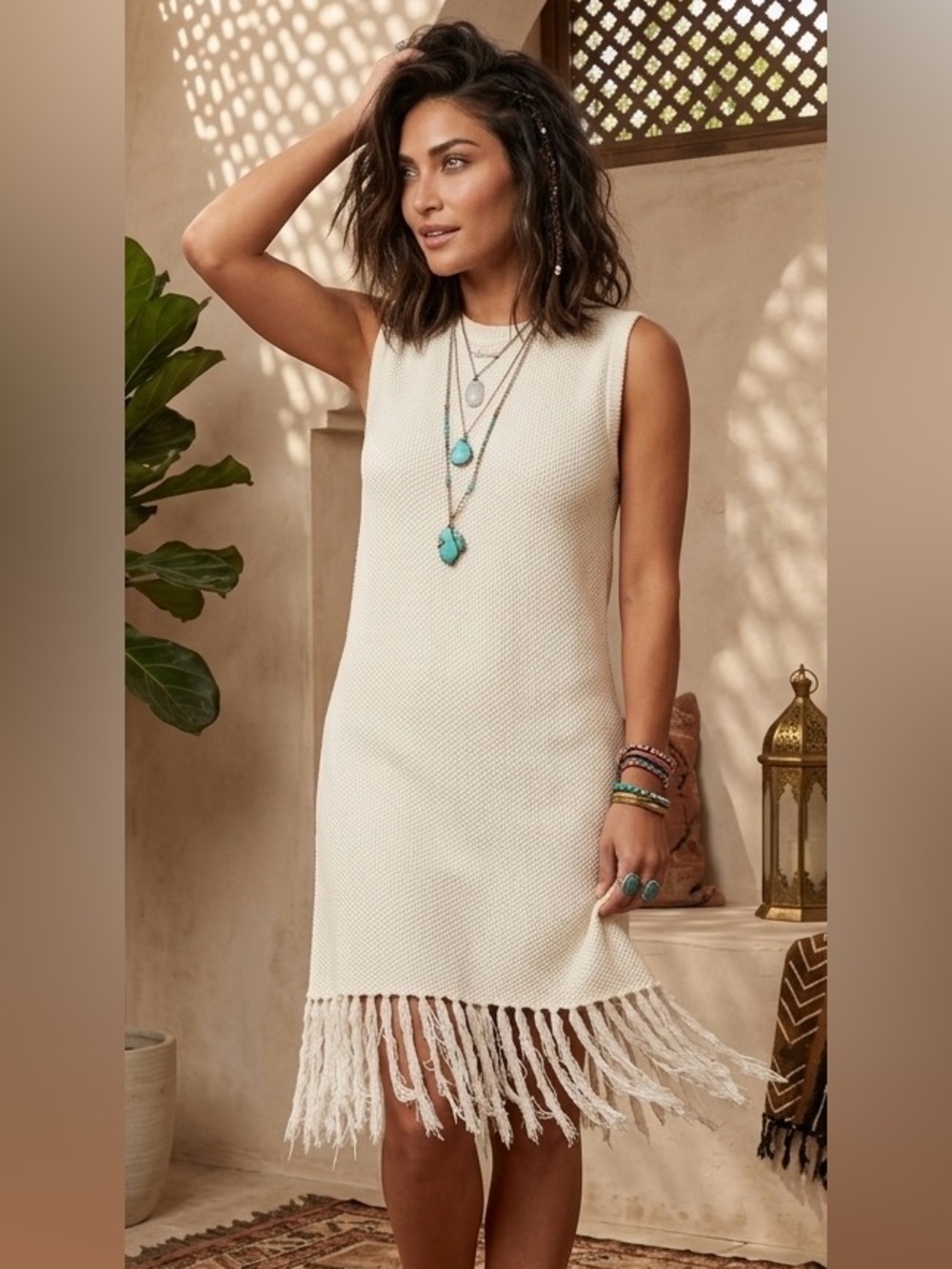 Sincerely Jules Cream Ivory Fringe Hem Sleeveless Sweater Dress - Size M - Picture 8 of 10